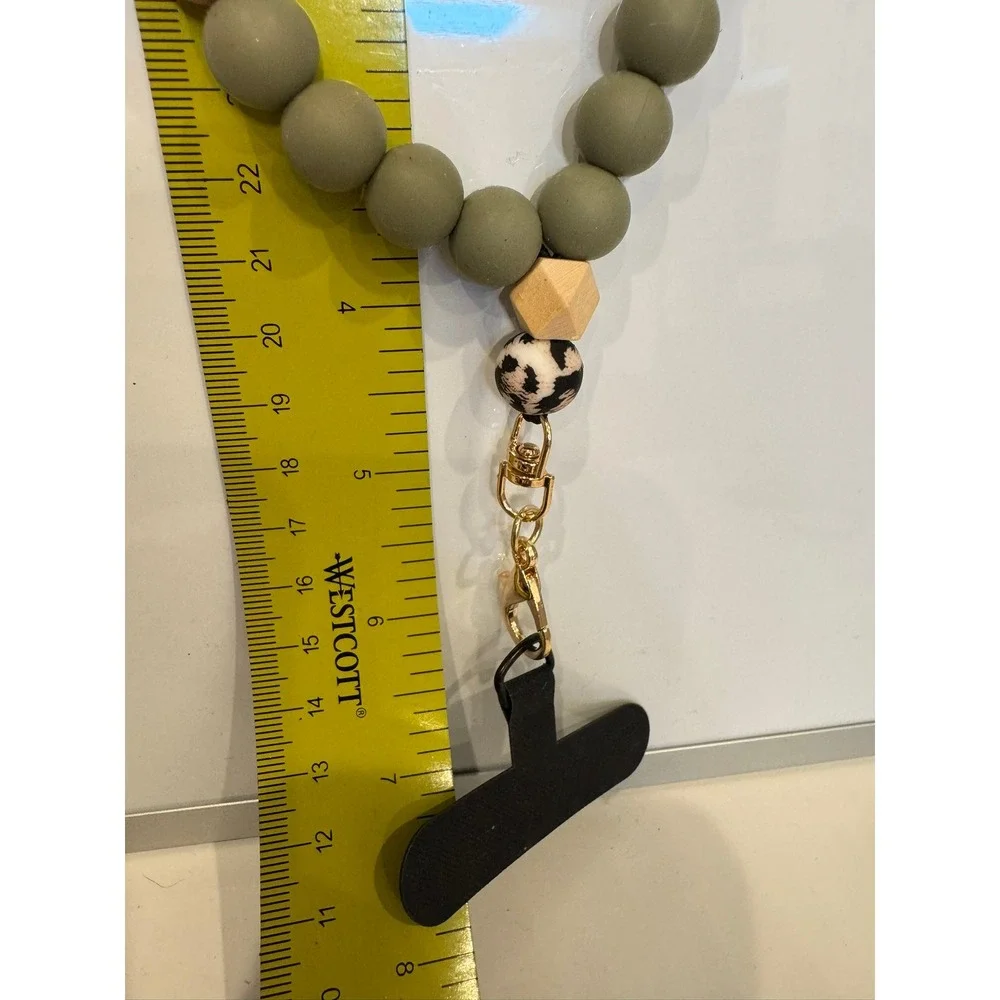 Silicone Bead Wristlet Keychain Leopard Print Sage Green Phone Tether Gold Clasp